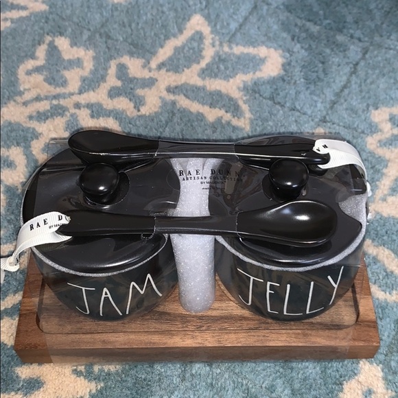 NWT RAE DUNN Black Jam & Jelly Pot Set with Spoons - Picture 2 of 5
